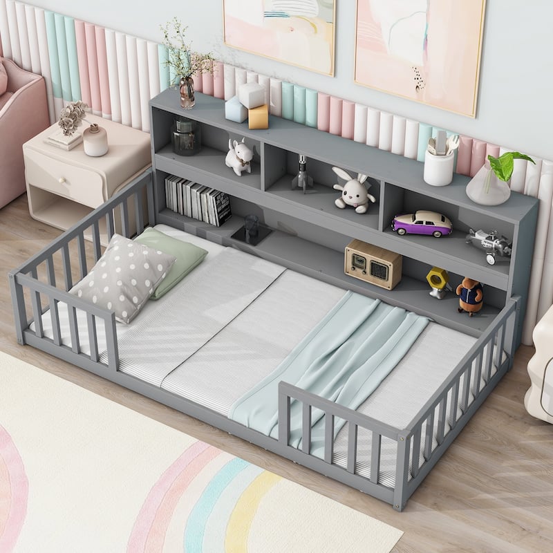 Twin Floor Bed with Bedside Bookcase,Shelves,Guardrails