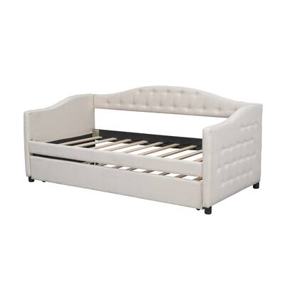 Beige Mid-Century Upholstered Twin Size Daybed Sofa Bed Guest Bed with Trundle