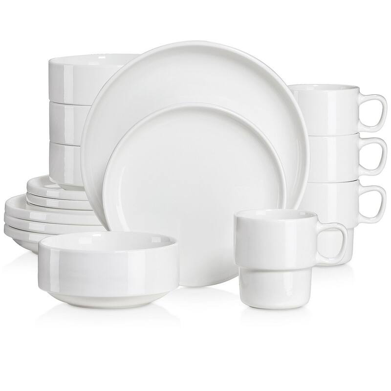 LOVECASA 16-Piece Round Dinnerware Set Stackable, Service for 4 - White