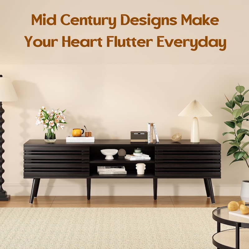 Mid Century Modern TV Stands for up to 70" TV with Storage, Fluted Wood TV Stand for Living Room, Boho Media Console