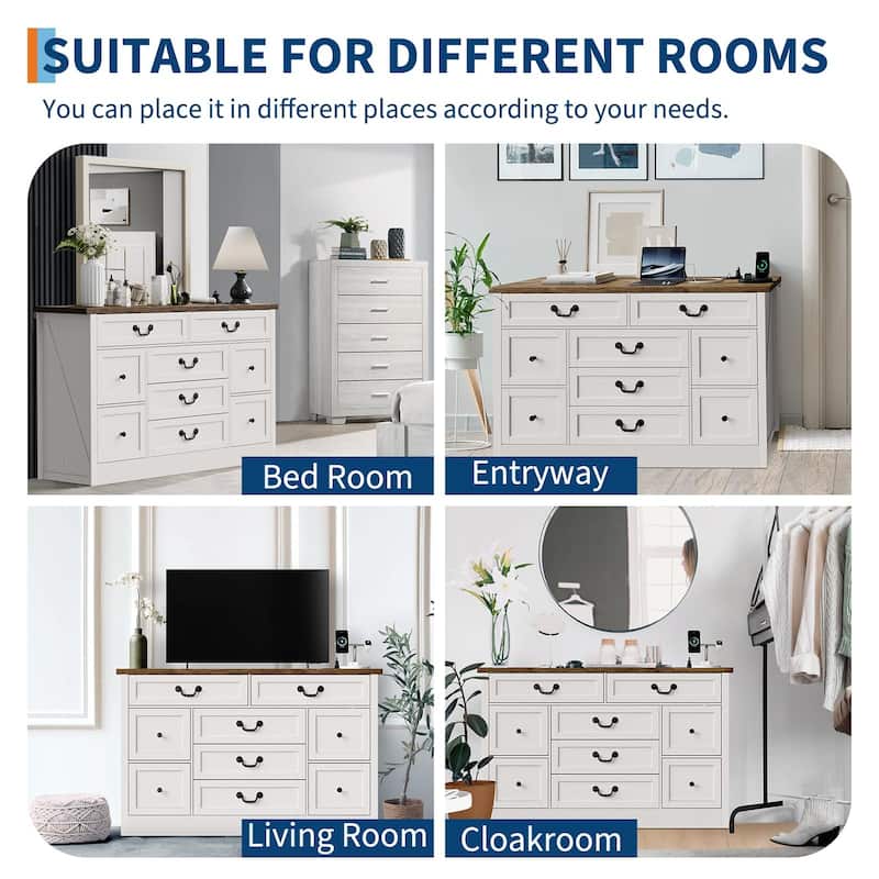 Farmhouse 9-Drawer Dresser with Charging Station, 54" Wide Wood Chest of Drawers with Metal Handles