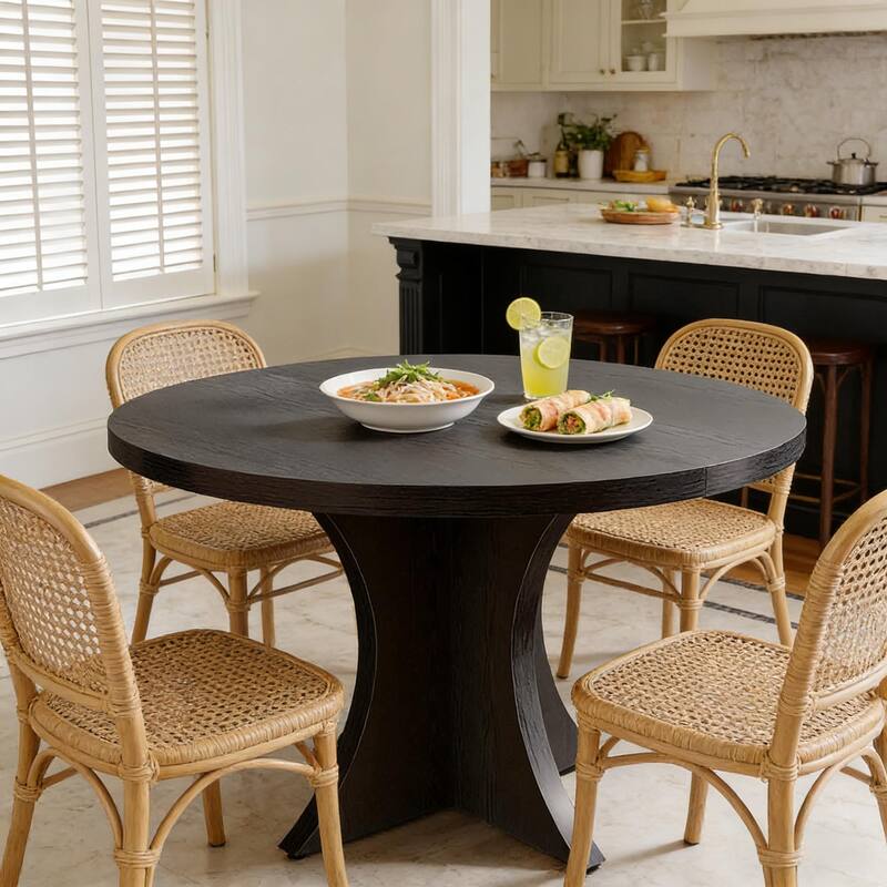 Round Dining Table Home Office Table for 4-6, Wood Coffee Table Kitchen Table with Thick Top & Crossed Base