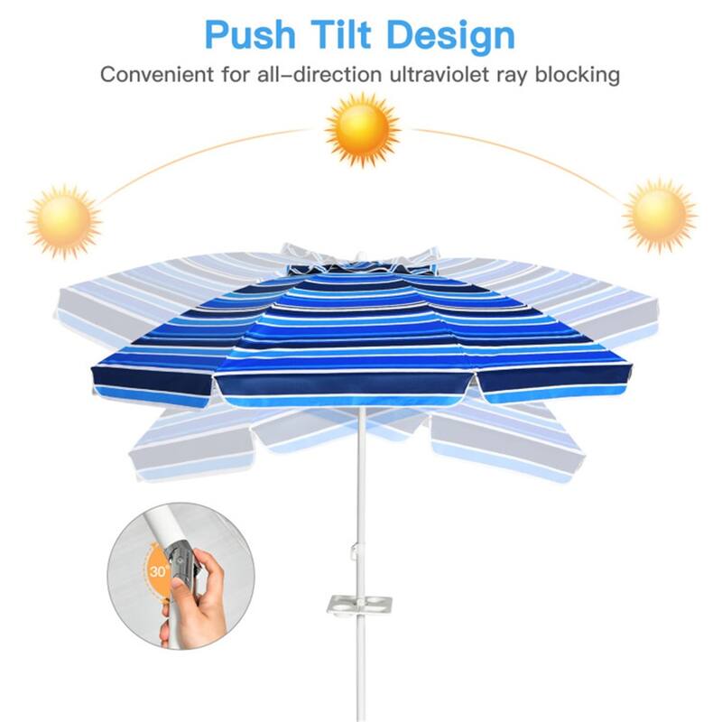 Large 7.2 ft Beach Umbrella with Adjustable Tilt and Sun Protection and Sturdy 8-Rib Frame - 7.2'Dia x 7.2'H
