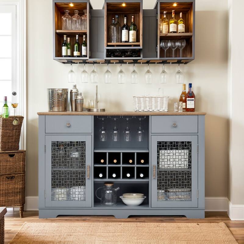 56''W Farmhouse Sideboard Buffet Bar Cabinet Modern Storage Cabinet with 2 Drawers & Glass Door - 56.46"W - Light Blue