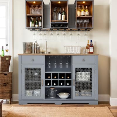 56''W Farmhouse Sideboard Buffet Bar Cabinet Modern Storage Cabinet with 2 Drawers & Glass Door - 56.46"W