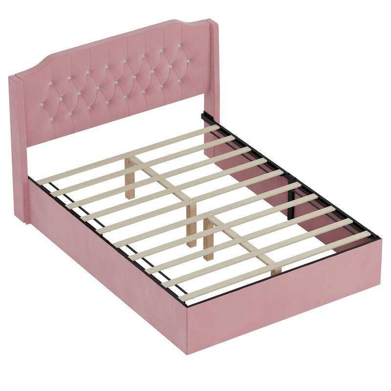 Queen Size Tufted Upholstered Bed Frame with Crystal Button Accents, Wingback Headboard and Under-Bed Storage Space,Beige