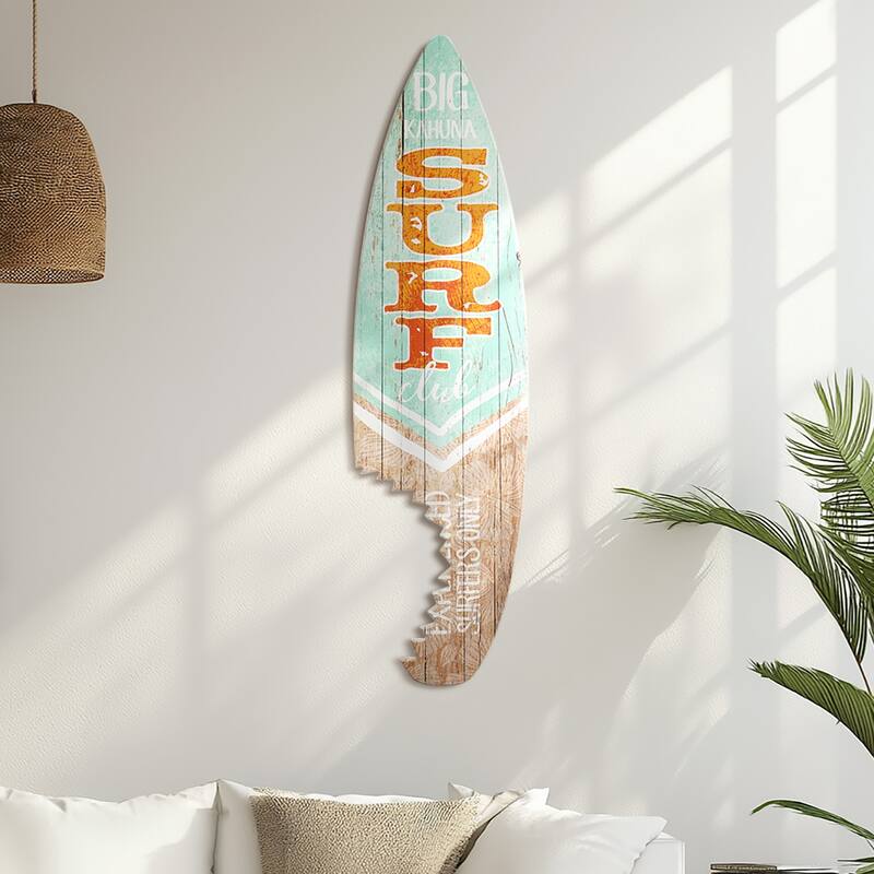 Big Kahuna Surf Club Shark Bite Wood Surfboard Plaque Wall Sign 60x15 - Aqua