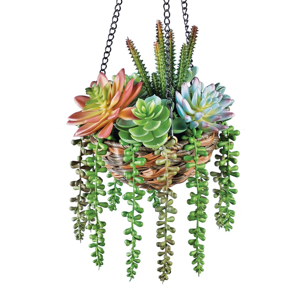 Hanging Colorful Fake Succulents in Rattan Basket - 6 x 20 x 6