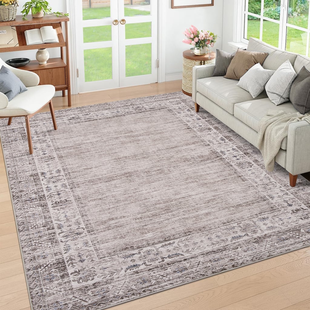 Vintage Bordered Area Rug Washable Area Rug Non-Slip Low Pile Throw Carpet for Living Room Bedroom Dining Room