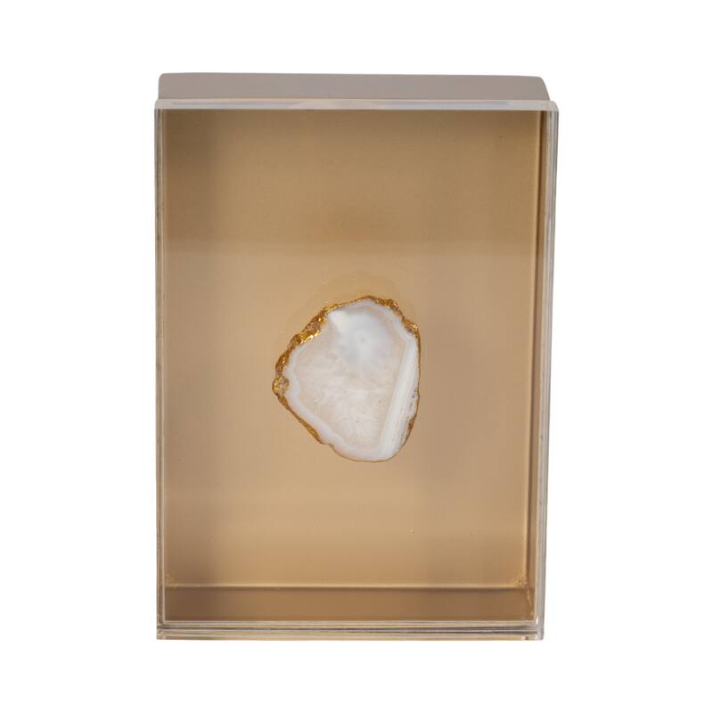 Decorative Box with Lid & Agate Stone Knob - 7", Gold & White - 7.0"