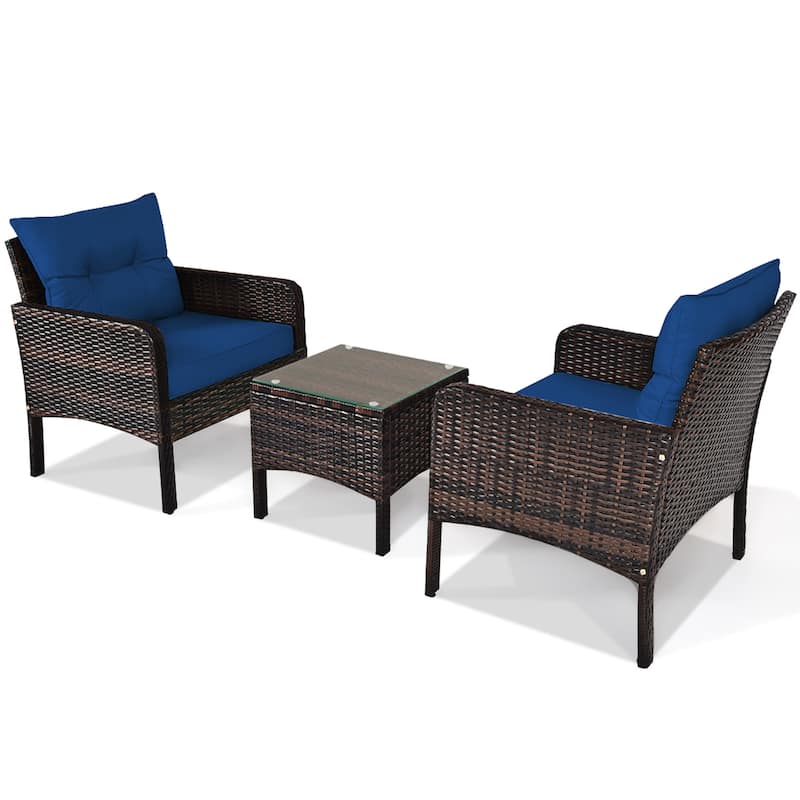 Gymax 3PCS Rattan Patio Conversation Furniture Set Yard Outdoor w/