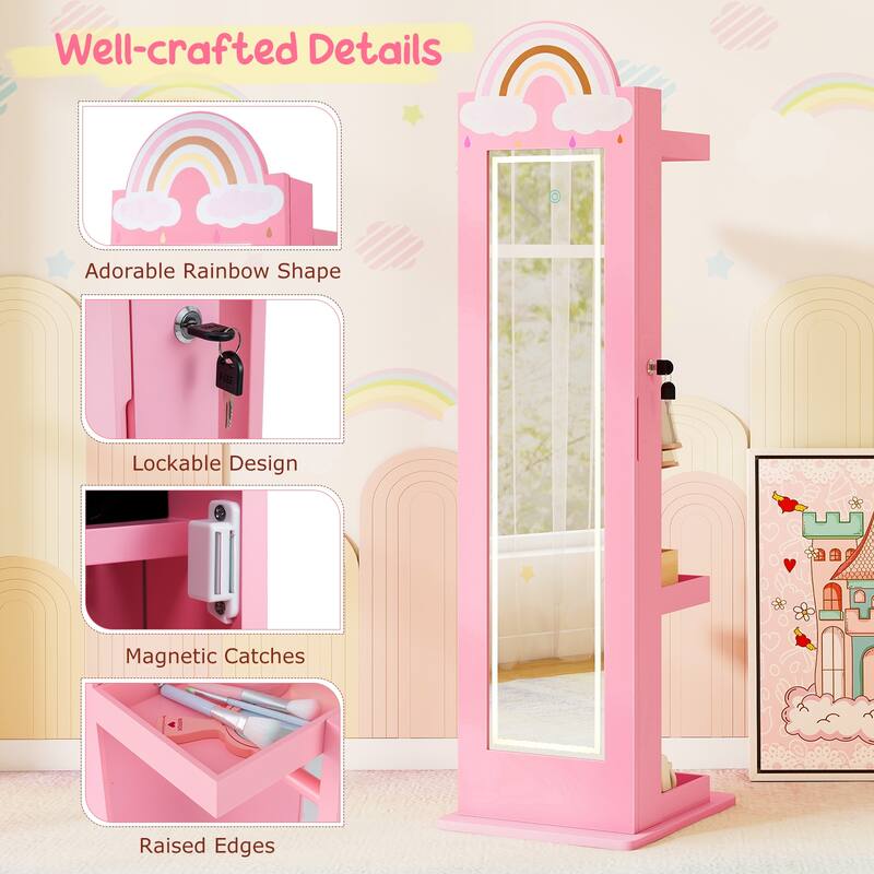 Gymax 3 In 1 Kids Jewelry Cabinet w/3-Color Lighted Full Length Mirror