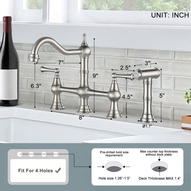 WOWOW Double Handle Bridge Kitchen Faucet with Side Sprayer