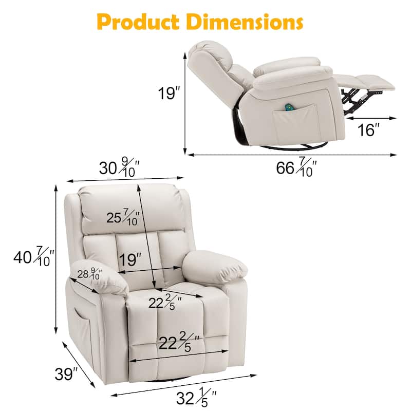 Heated Massage Recliner Chair with 360° Swivel, Rocking Feature, and Side Pocket for Living Room