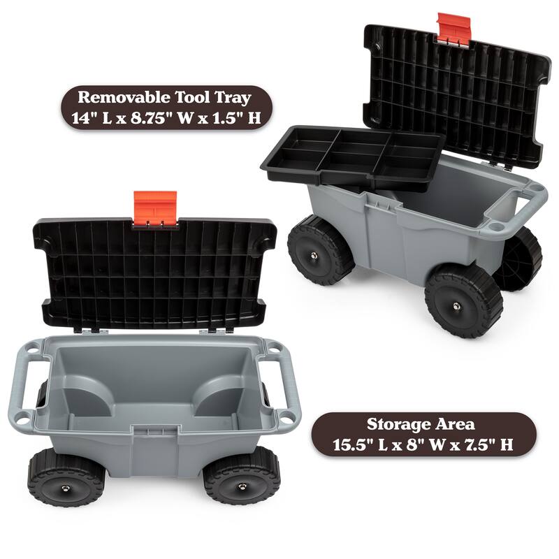 Rolling Garden Cart with Seat - Plastic Storage with Bench and Interior Tool Tray by Pure Garden (Gray)
