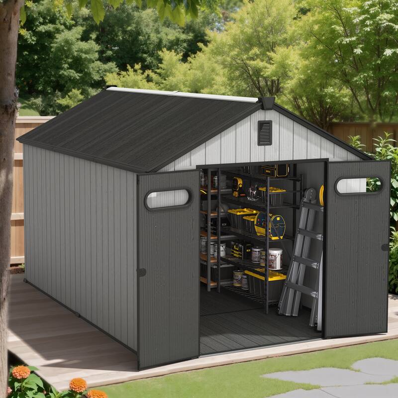 8X12 FT All-Weather Waterproof Plastc Outdoor Resin Storage Shed Windows Lockable Door with Floor for Patio Furniture and Tools