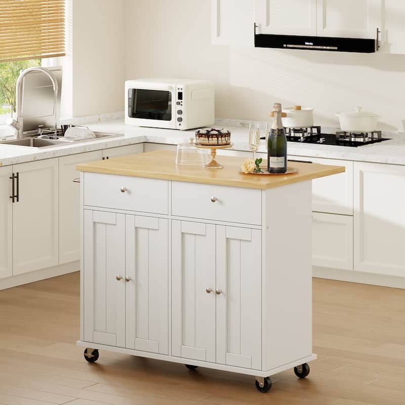 Kitchen Storage Island with 2 Drawers & Extendable Countertop - Rolling Storage Cart with Towel Rail, Lockable Wheels - White/Yellow