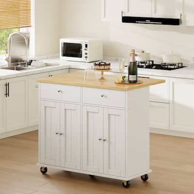 Kitchen Storage Island with 2 Drawers & Extendable Countertop - Rolling Storage Cart with Towel Rail, Lockable Wheels