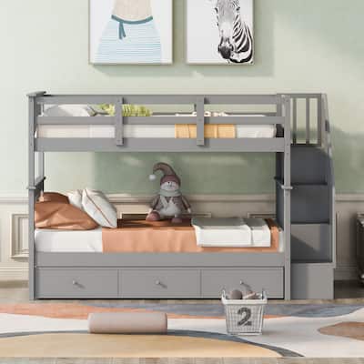 Multi-Functional Twin Over Twin Bunk Bed with 3 Drawers, Storage Stairs, Armrest and Full-Length Guardrails for Kids