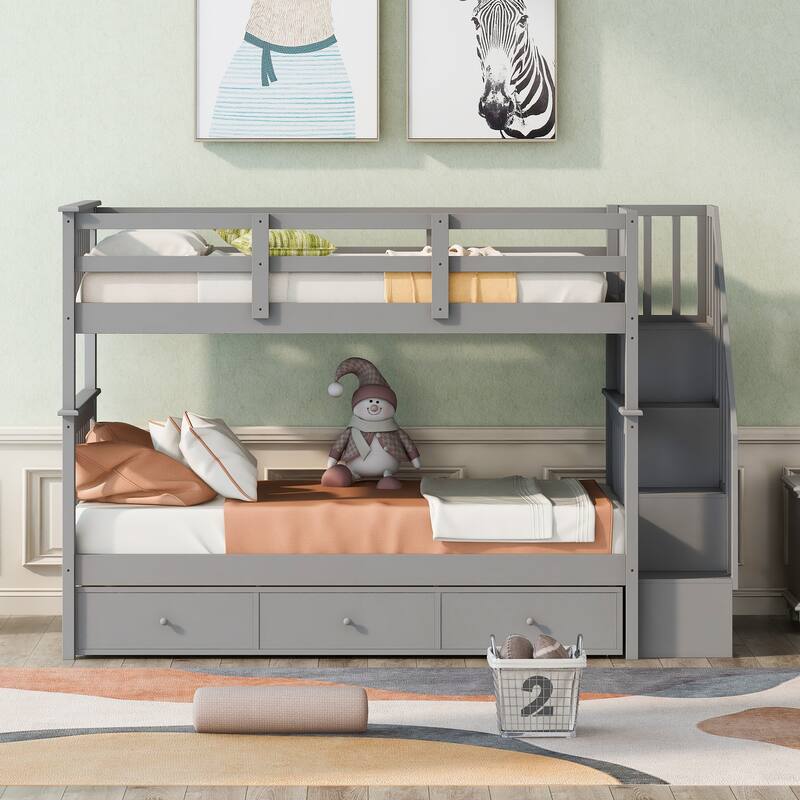 Roomfitters Stairway Twin Over Twin Bunk Bed with 3 Storage Drawers and Shelves - Grey