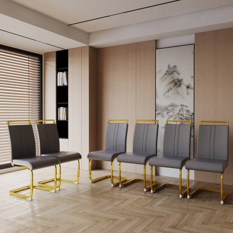 Modern Dining Chairs,PU Faux Leather High Back Upholstered Side Chair with Golden Metal Leg - Set of 2 - Grey