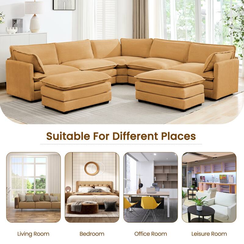7-Seater Corduroy Sectional Sofa with 2 Removable Ottomans & Corner Seat, Soft & Comfortable - 5 Seats with 2 Ottoman