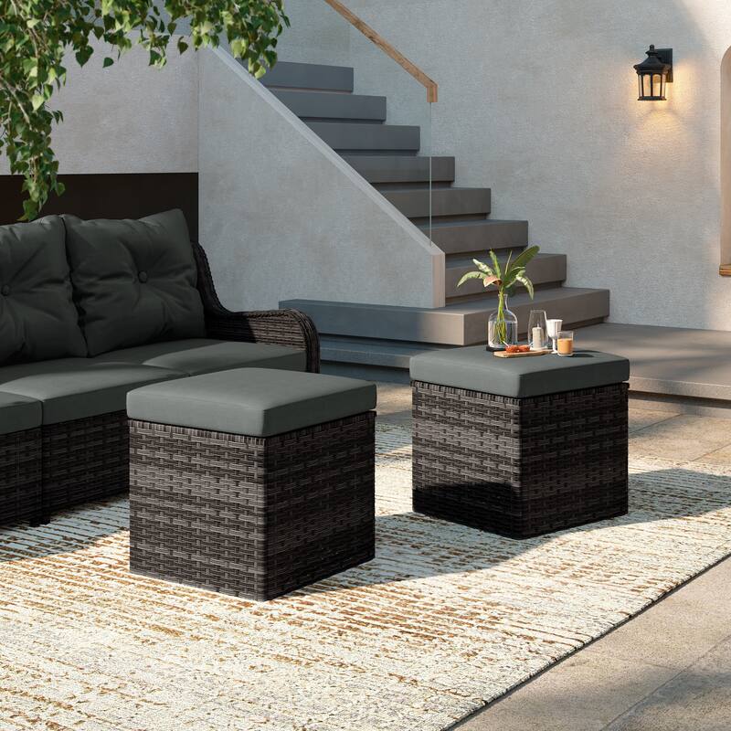Outdoor Wicker Square Storage Ottoman with Plush Cushion(Set of 2)