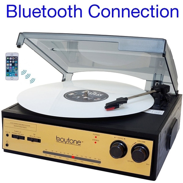 Boytone BT-13G with Bluetooth Connection 3-Speed Stereo Turntable Belt Drive 33/45/78 RPM, 2 built in Speakers AM/FM Stereo Radi