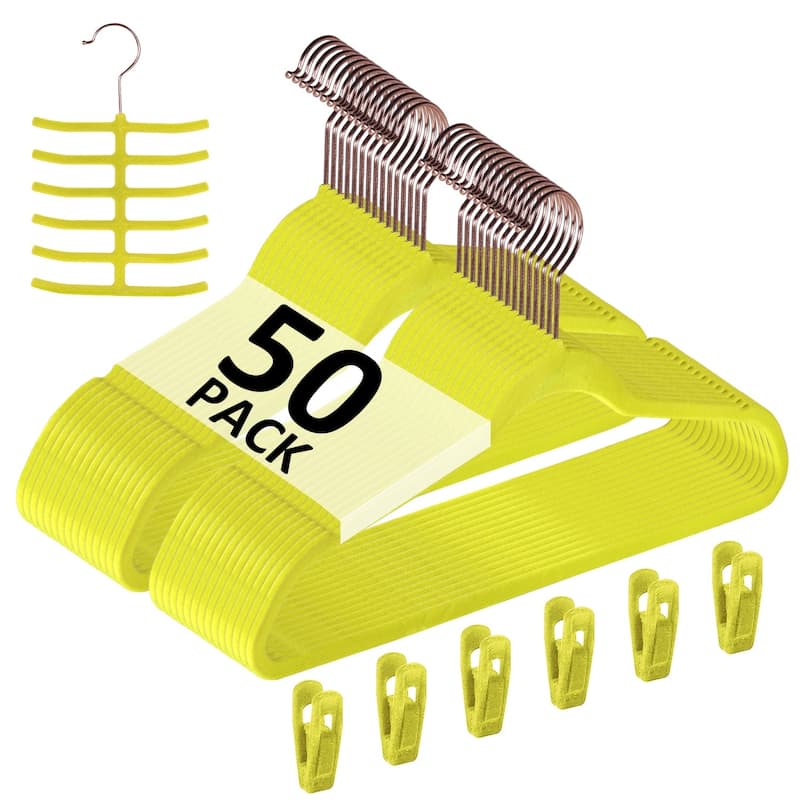 Javlergo 50/100 Pack Velvet Hangers, Heavy Duty Non Slip & Space-Saving Cloth Hangers with 6 Finger Clips & Tie Rack - 50 Packs - Yellow