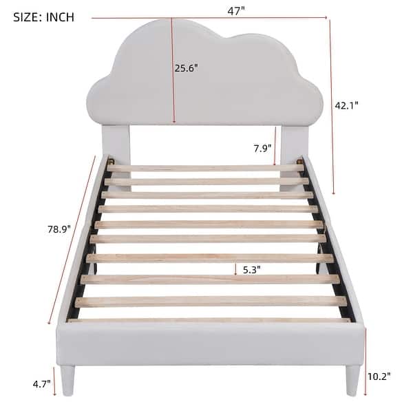 Twin Size Upholstered Cloud-Shape Bed with Support Slat, Velvet Platform Bed with Headboard, No Box-spring Needed, Beige