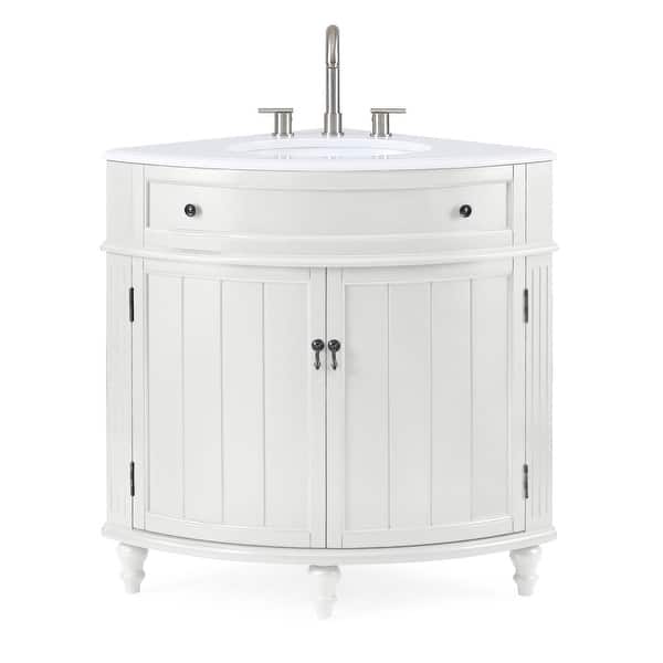 slide 2 of 2, 24-Inch Benton Collection Corner Bathroom Vanity with Single Shelf Cabinet, White Quartz Countertop, and Ceramic Sink White