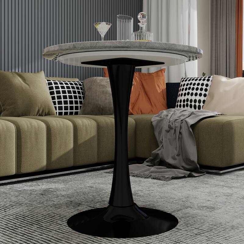 27.6" Mid-Century Modern Style Dining Table, Accommodates 2-4 People, Featuring A Round Light Gray Textured Marble Tabletop