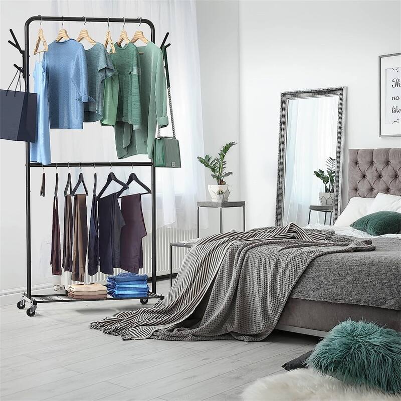 Double Rod Garment Rack With Wheels and Hooks - 16.81"D x 39.69"W x 71.42"H