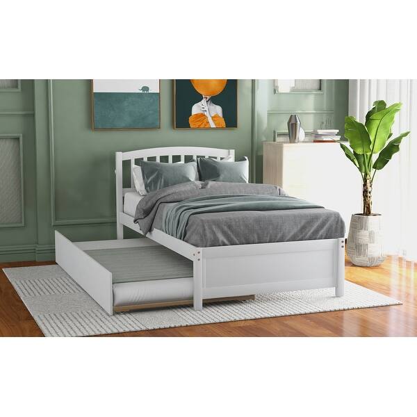 slide 2 of 10, Wood Platform Bed with Trundle - Minimalistic, Stylish Frame in White Finish, White White - Twin