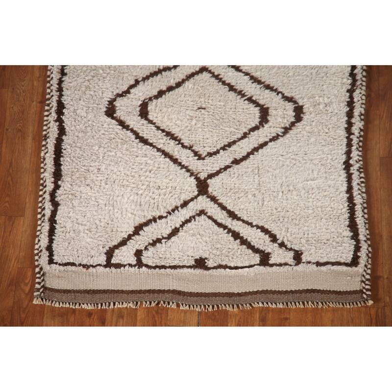 Geometric Beige Anatolian Runner Rug Handmade Wool Carpet - 3'1"x 10'4"