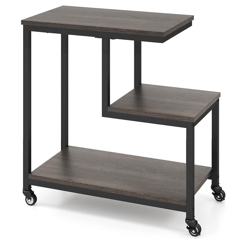 3-Tier G-Shaped Wooden Side End Table with Wheels and Storage for Living Room or Office Use - 23" x 12" x 24"