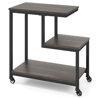 3-Tier G-Shaped Wooden Side End Table with Wheels and Storage for Living Room or Office Use - 23" x 12" x 24"