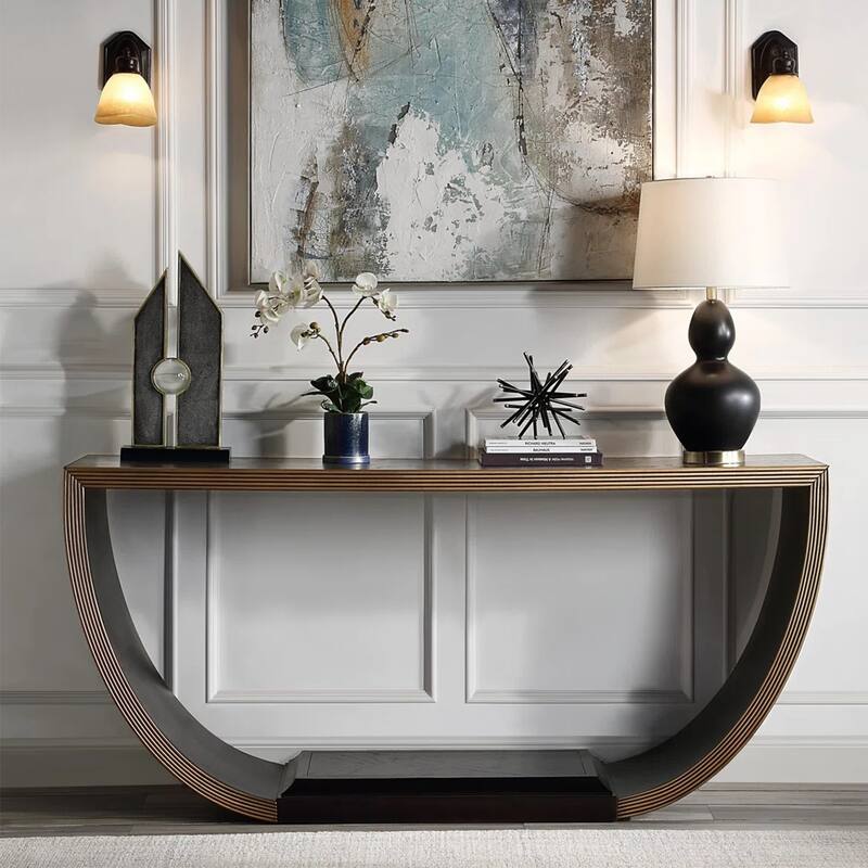 Wooden Half-moon Design Console Table in Black and Gold Finish