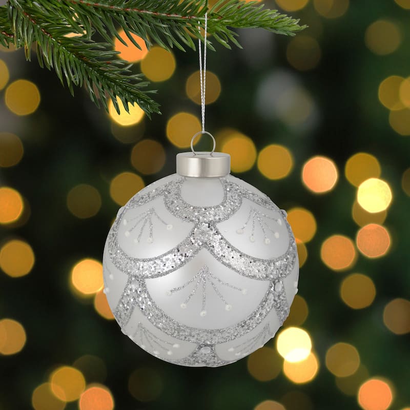 Glittered Cosmoid Glass Christmas Ball Ornament - 4" - Silver