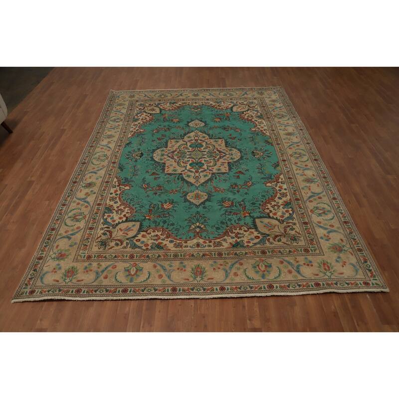 Hand Knotted Oriental 100% Wool Carpet Traditional Floral Green Tabriz Area Rug - 10' 11'' X 8' 3''