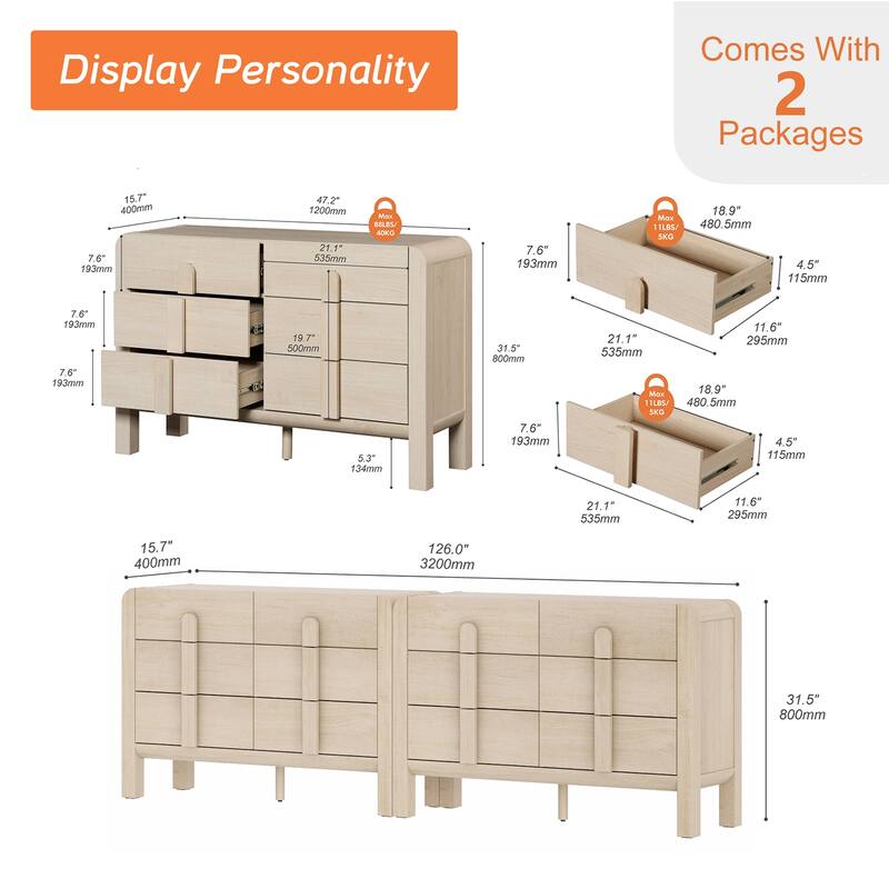 WAMPAT Mid Century 6 Drawer Dresser Set Of 2, 47.2" Modern Chest Of Drawers With Storage, Curved Profile Wood Double Dresser