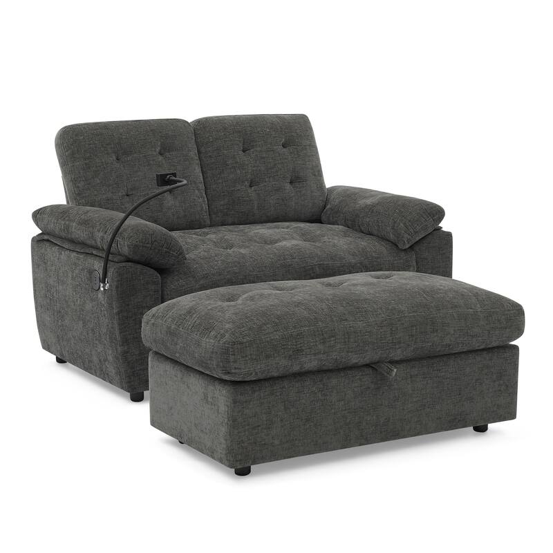 Double Recliner Chair with Adjustable Backrest, Storage Ottoman, USB Port & Phone Stand