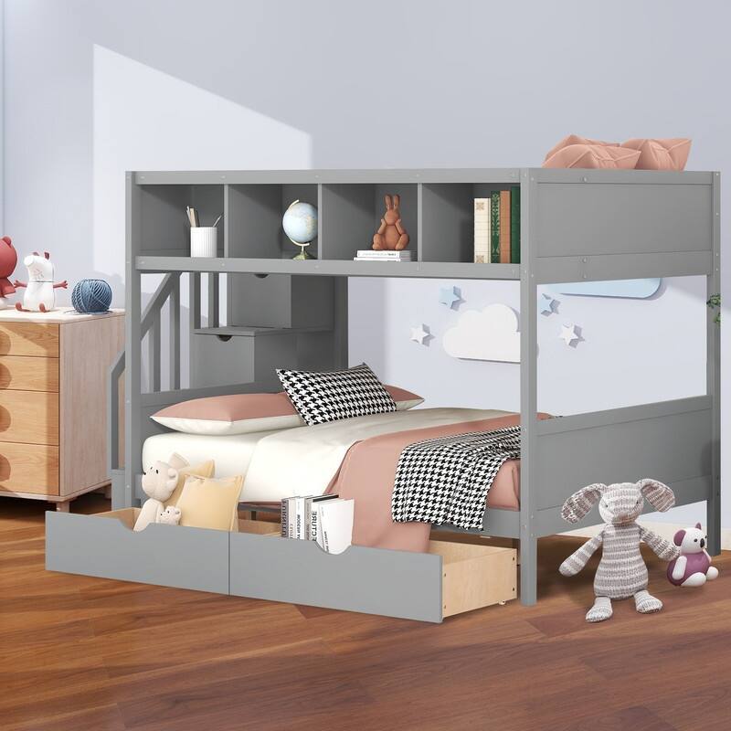 Wooden Twin over Full Bunk Bed with Shelfs, Storage Staircase and 2 Drawers