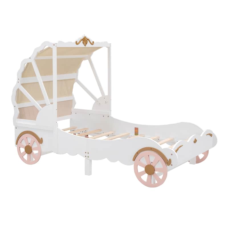 Twin Size Princess Carriage Bed with Canopy, Wood Platform Car Bed with