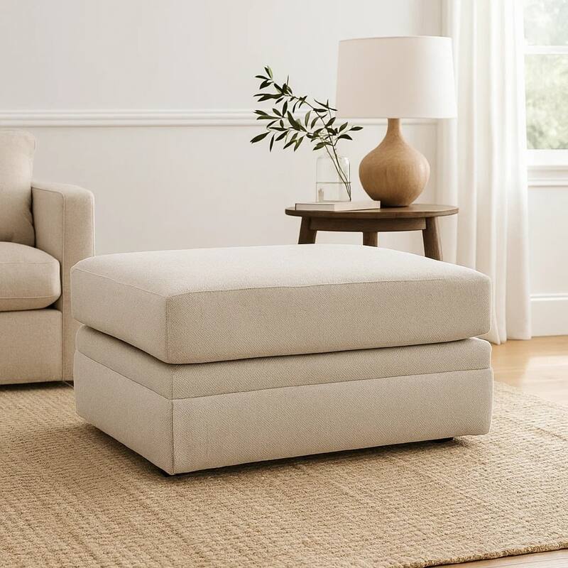 Maite Ottoman, Modern Chalk Gray Polyester, Soft Cushions, 34 Inch