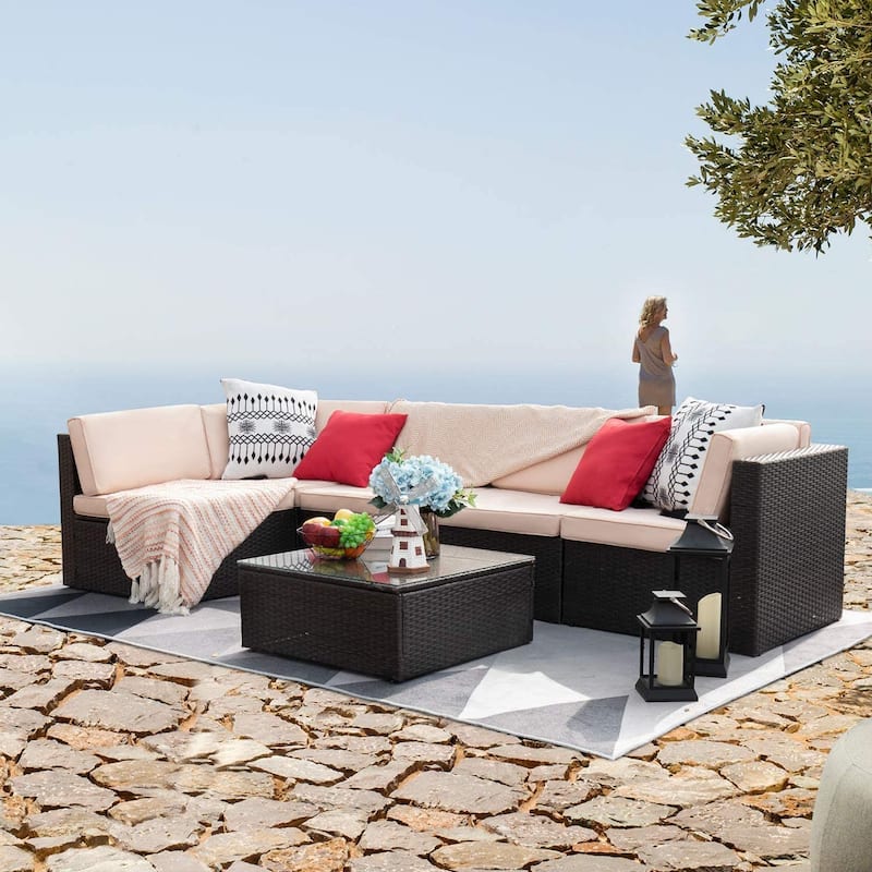Homall 6 Pieces Patio Furniture Sets Outdoor Sectional Rattan Sofa Manual Weaving Wicker Patio Conversation Set