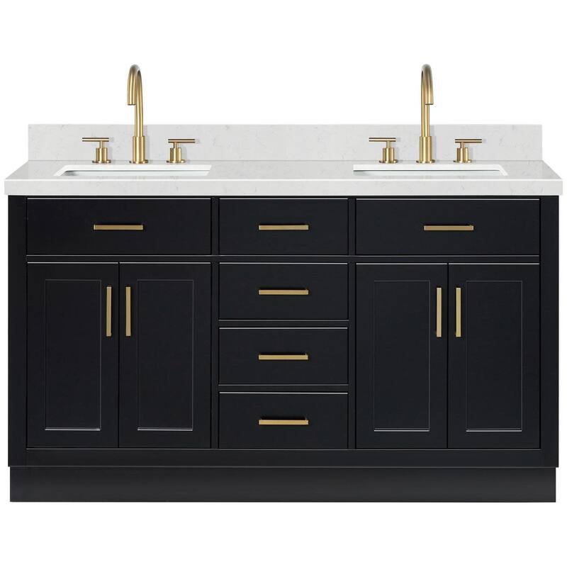 Ariel T060DCQRVO Hepburn 60" Free Standing Double Basin Vanity Set - Black / Carrara White Quartz / Satin Brass