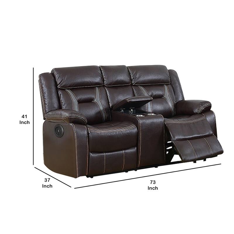 Contrast Stitched Leatherette Power Motion Loveseat with Console,Dark Brown