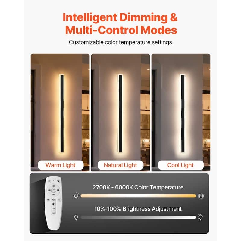 47 Inch 2 PCS Outdoor LED Wall Lights with IP65 Waterproof Sconce and Remote Adjustable 2700K-6000K - 47.2 x 4.7 x 1.8 in