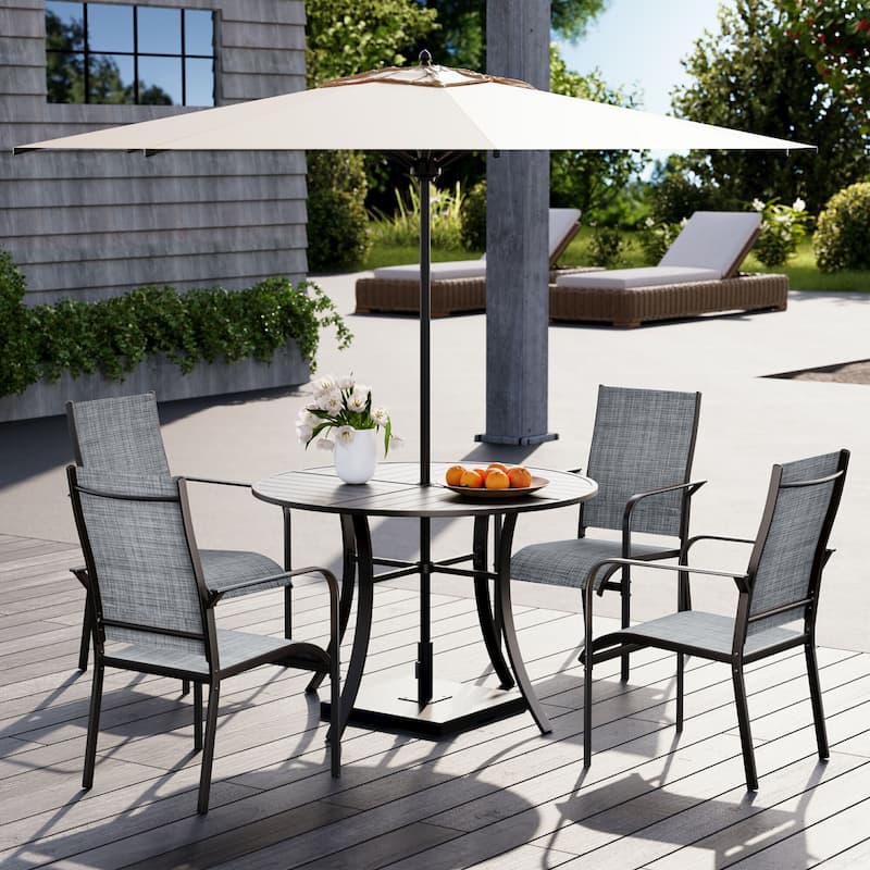 5/7/9-Piece Outdoor Patio Dining Set with Stackable Textilene Chairs and Slatted Table, Furniture with Adjustable Umbrella Hole